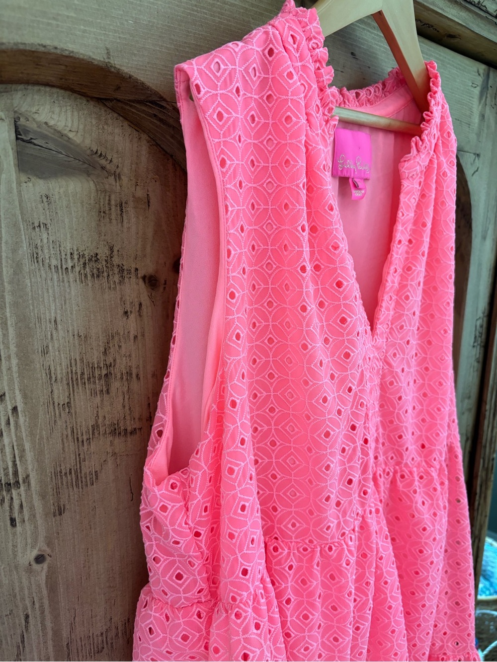 Lilly Pulitzer Novella Coral Pink Mini Medallion Eyelet Chiffon V-Neck Dress - Picture 7 of 10